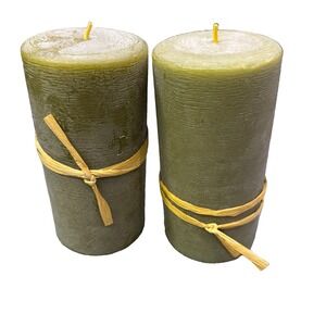 Northern Lights Textured Candle Pillars Set (2) Moss Green 3x6 Raffia Fall Decor